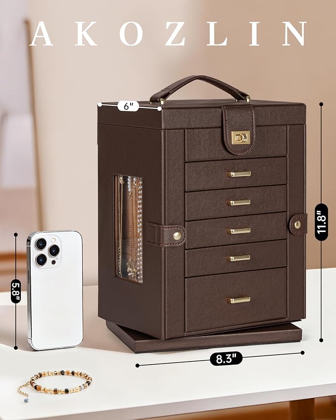 AKOZLIN 6-Tier Jewelry Box Organizer Functional 5 Drawers Leather Jewelry Storage Case for Women Girls Ring Necklace Earring Bracelet Holder Organizer with Mirror Brown 360° Rotating - Image 2