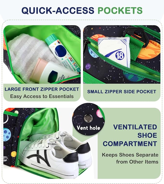 Kids Duffle Bag,VASCHY Travel Bag for Boys Water Resistant Overnight Duffle Gym Sport Dance Bags with Shoes Compartment Dry and Wet Pocket Carry On Weekender Bag Green Space - Image 4