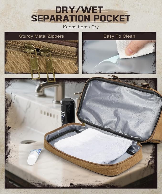 ARCFOX Travel Hanging Toiletry Bag for Men, Vintage Canvas Large Toiletry Bag with 7 Compartments, Camping Gym Travel Toiletry Kit Organizer with PVC Wet & Dry Pockets, Personalized Wash Bag, Brown - Image 5
