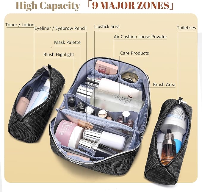 BOYATU Travel Makeup Bags for Women: Vintage Roman Column Texture | Each Journey, Quiet Luxury Serenity - 3 Pcs Set Large Capacity Cosmetic Bag Organizer Toiletry Purse(Black) - Image 5
