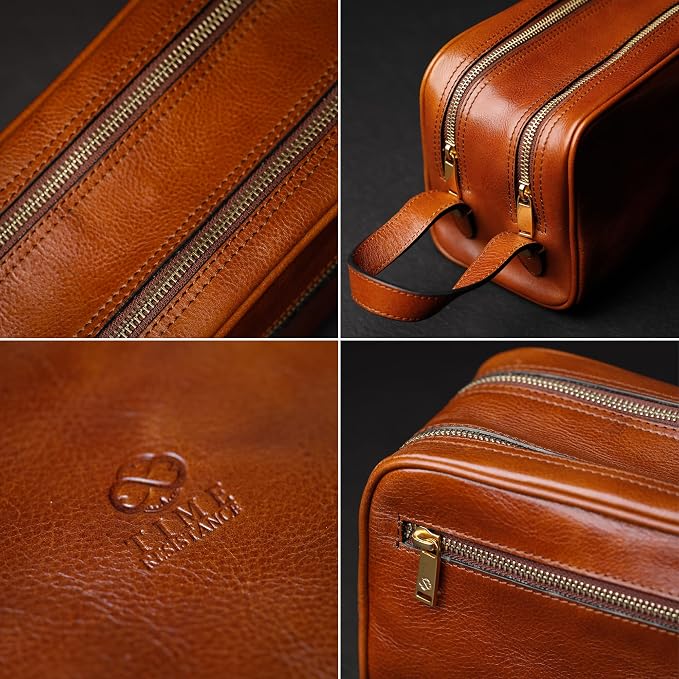 Time Resistance Leather Cosmetic Bag - Italian Toiletry Dopp Kit (Cognac Brown) - Image 5