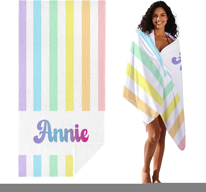 JML Personalized Beach Towel with Name, Custom Rainbow Cabana Stripe Beach Towel, Customized Microfiber Pool Towel, Quick Dry & Absorbent Swim Towel for Adult,Anniversary, Birthday, Summer Holiday - Image 2