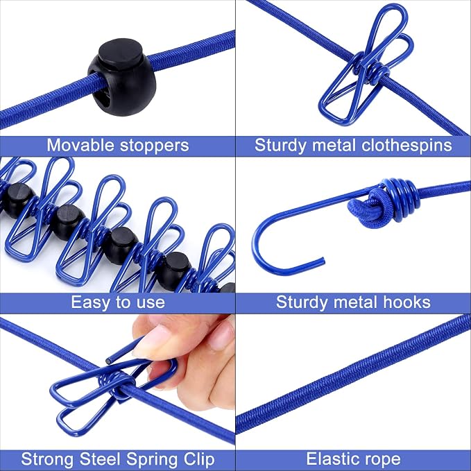 B&Y Travel Clothesline, Portable, Retractable and Adjustable Camping Clothesline, with a Non-Woven Bag, 13 Non-Slip Clips, 12 Clothes Clips, Indoor and Outdoor use (Blue) - Image 4