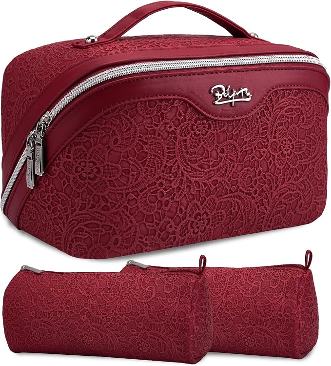 BOYATU Travel Makeup Bags Cosmetic Organizer Bag: 3 Pcs Set Large Capacity Make up Bag with Compartments - Waterproof Leather Toiletry Bags with Handle for Women (A-Red) by BOYATU