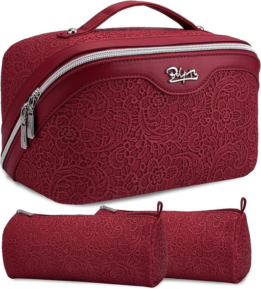 BOYATU Travel Makeup Bags Cosmetic Organizer Bag: 3 Pcs Set Large Capacity Make up Bag with Compartments - Waterproof Leather Toiletry Bags with Handle for Women (A-Red) by BOYATU