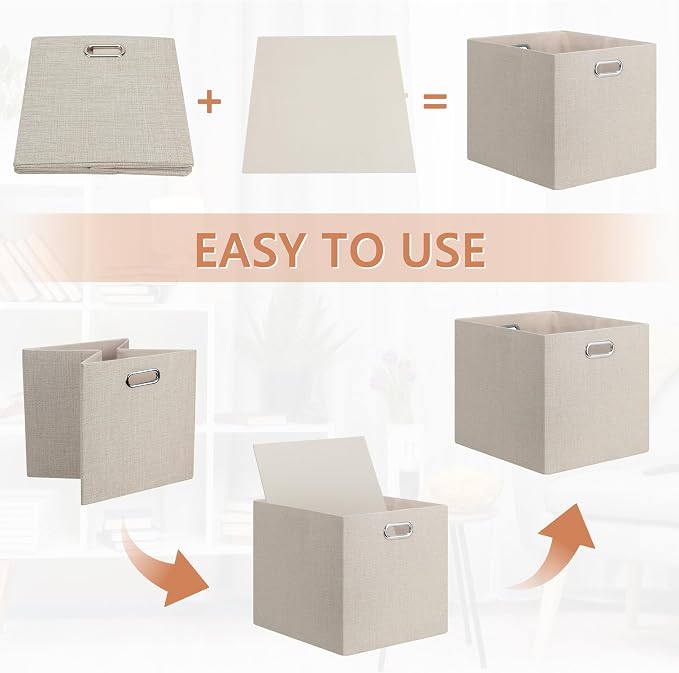 Posprica 13x15x13in Collapsible Storage Bins, Fabric Foldable Cube Storage Boxes, Decorative Storage Baskets Organizer for IKEA Kallax, Shelves, Closet, Clothes, Set of 4-Beige - Image 5
