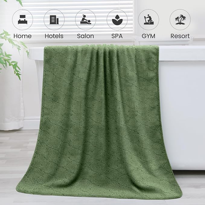 JML Microfiber Bath Towels Set of 2, Oversized, Ultra Soft, Super Absorbent, Fast Drying, No Fading Large Bathroom Towel for Yoga, Sauna, Travel, Fitness (Coral Fleece - Olive-Green, 30 in x 60 in) - Image 7