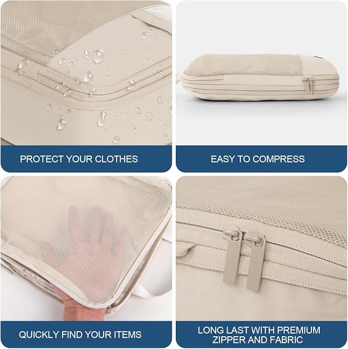 Compression Packing Cubes for Travel - Double Zipper Luggage Organizer Bags for Suitcases (6-Pack, Beige) - Image 6
