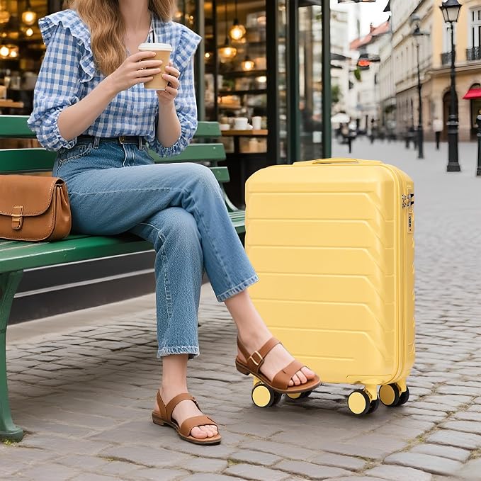 Gradient Color Suitcase 2-Piece Set, 20" Rotating Wheel Suitcase with 14" Cosmetic Case, Lightweight Durable Hardshell Luggage with 360° Spinner Wheels for Travel, Women & Girls (Yellow-1) - Image 8
