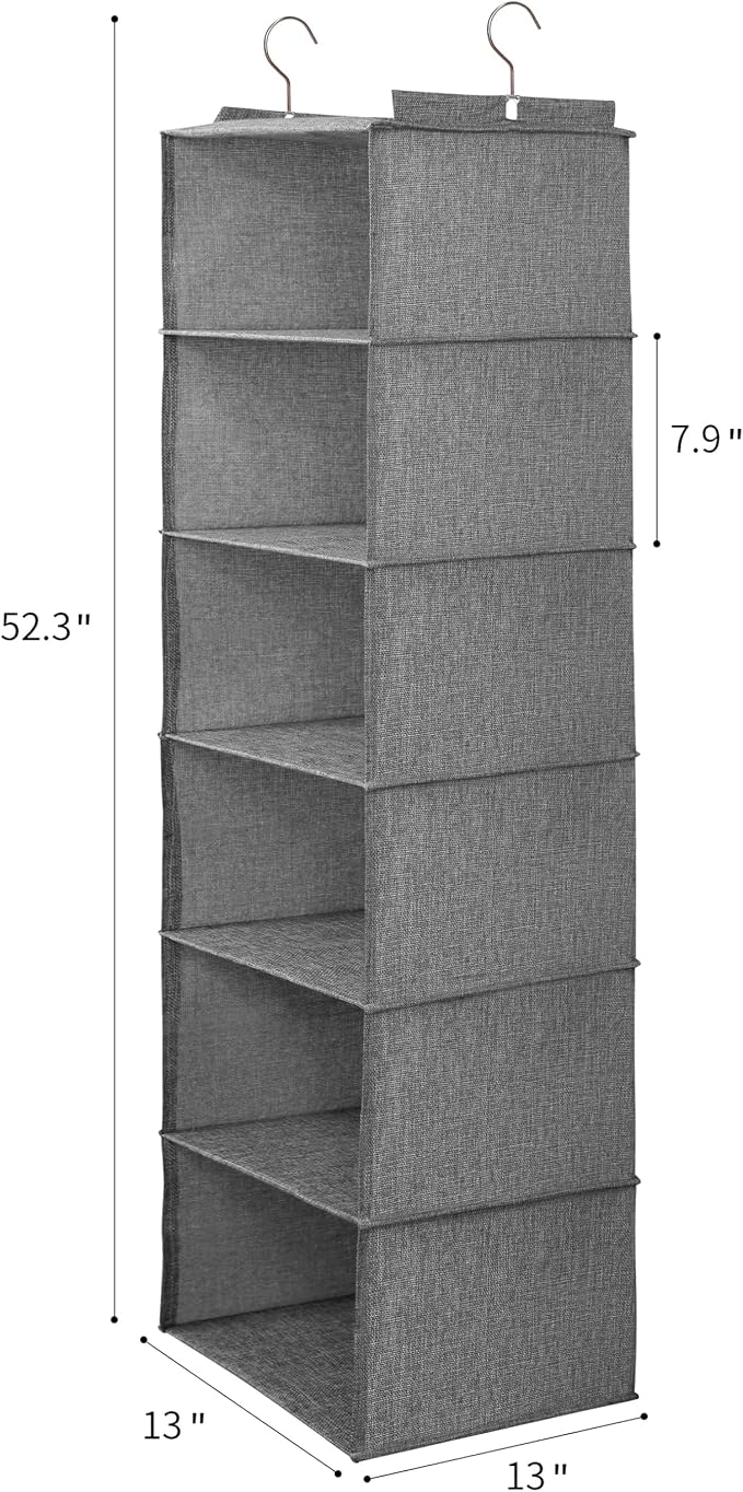Large Hanging Sweater Organizer for Closet,Collapsible 6-Shelf Hanging Closet Shelves with Drawers, Washable (Grey-6 Shelf-1 d) - Image 2