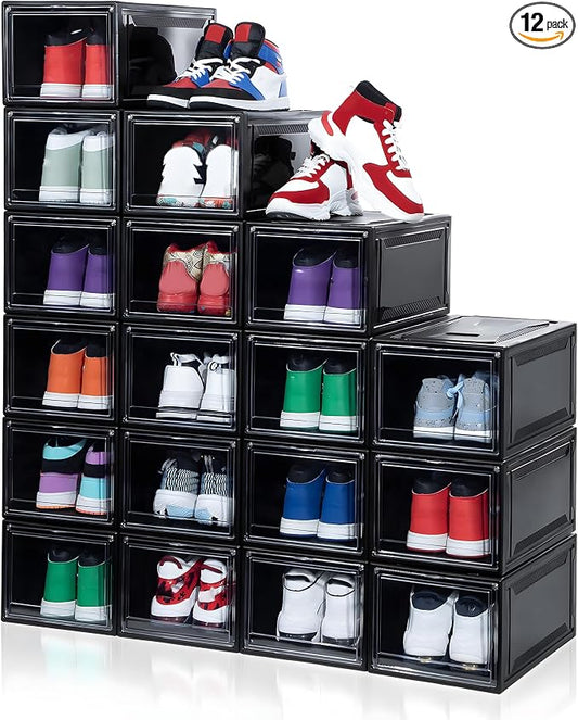 MMBABY 12 Pack Acrylic Black Shoe Boxes– Ultra Plastic Stackable Sneaker Storage For Sneakerhead. Professional Grade Shoe Display Case with Clear Magnetic Door.Fits US Size 15 by MMBABY
