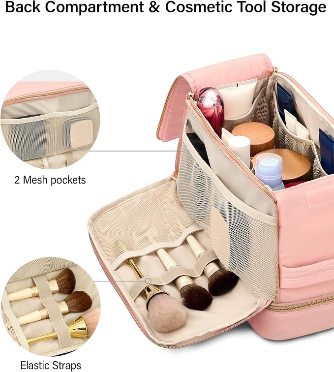 Hanke Travel Toiletry Bag, Lightweight Wide-open Makeup Bag, Dual-Layer Travel Bag for Toiletries Water-Resistant Cosmetic Bags Large Toiletry Bags for Women & Men, Travel Essentials, Pink - Image 5