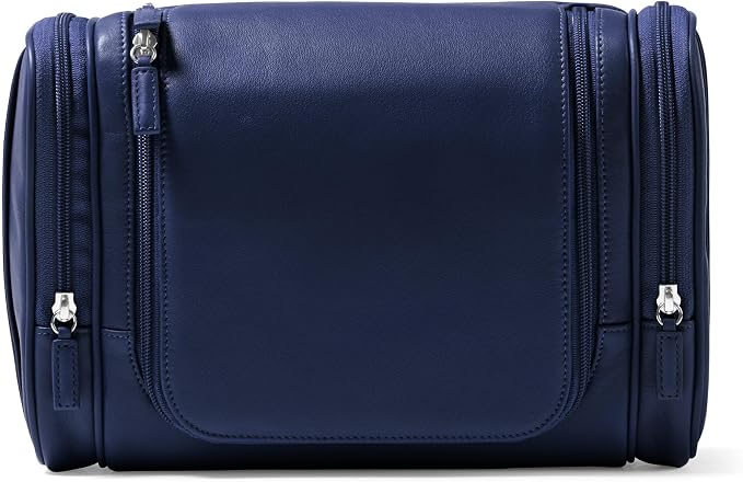 Leatherology Navy Blue Hanging Toiletry Kit – Full Grain Leather Travel Organizer with Hanger and Multiple Storage Compartments by Leatherology