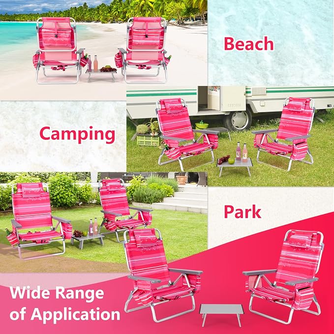 Giantex Folding Beach Chair, Patio Sling Chairs with 5 Adjustable Position, Head Pillow, Storage Bag, Towel Bar, Cup Holders, Backpack Chairs for Sunbathing, Camping Chair - Image 8