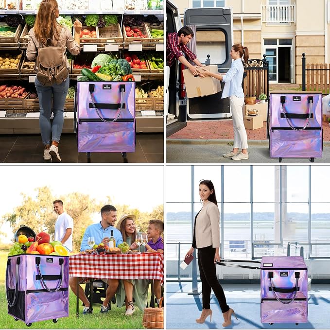 Large Reusable Grocery Bag On 5 Wheels, 130L Foldable Rolling Tote Bag, Heavy Duty Shopping Cart with Multiple Pockets, Rolling Grocery Bag, Zipper Closure & Handles for Shopping Travel, Purple - Image 7
