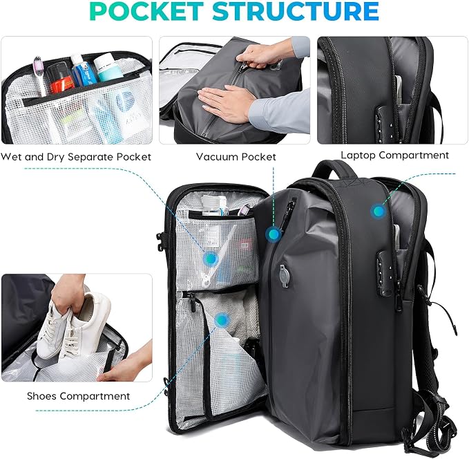 BANGE Vacuum-Seal Travel Backpack with Pump and Vacpack Compression System, Water Resistant Large Carry-On Backpack with Laptop Compartment and TSA Lock - Flight Approved, Black (With Air Pump) - Image 4