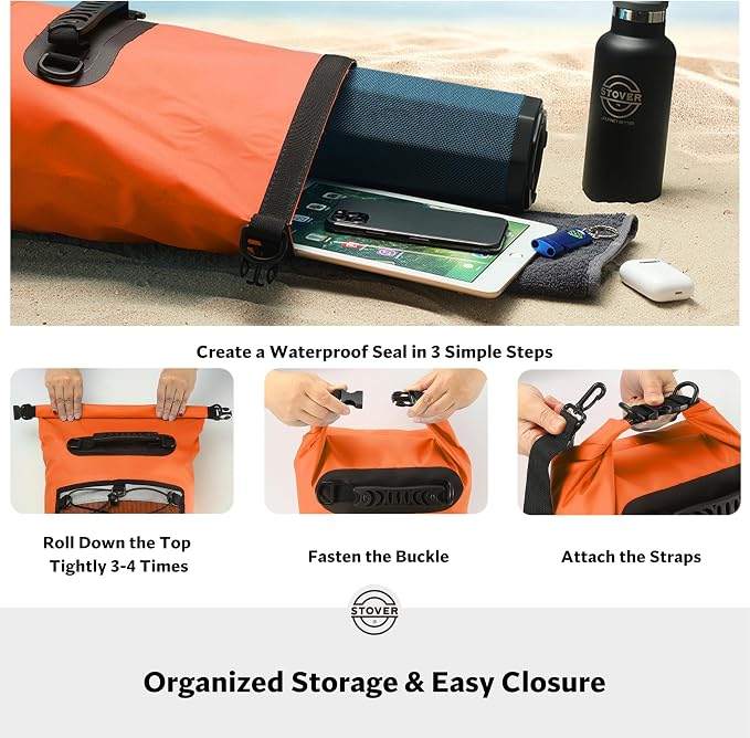 STOVER 5/10/25/30/40L Waterproof Dry Backpack & Phone Case- Large Floating Dry Bag for Kayaking, Travel, Hiking, Fishing, Camping, Motorcycles & Beach, Heavy-Duty Roll Top Men/Women (Orange) - Image 5