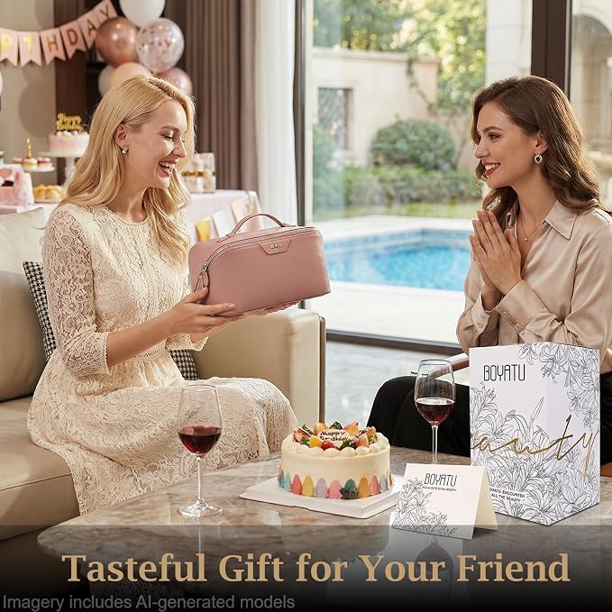 BOYATU Genuine Leather Makeup Bag: 3 Pcs Set Luxury Birthday Gifts for Women - Large Capacity Toiletry Organizer for Elegance - Travel Essentials Gift for Teacher Mothers Girlfriend Wife(05Pink) - Image 3