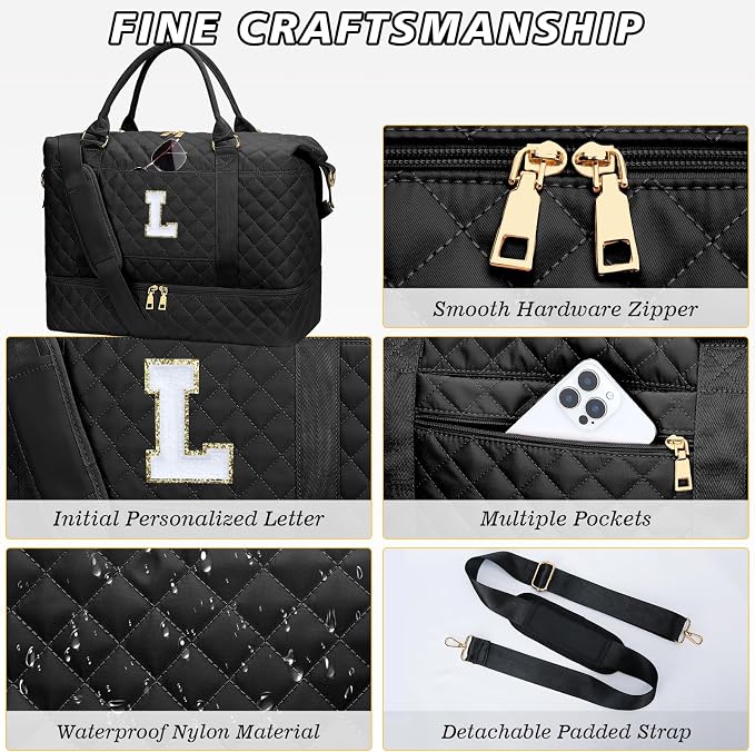 Gifts for Women Initial Travel Duffle Bag Quilted Weekender Carry-On Overnight with Cosmetic Bag, Gym Bag with Shoe Compartment Hospital Bag for Labor Delivery, Black L - Image 6