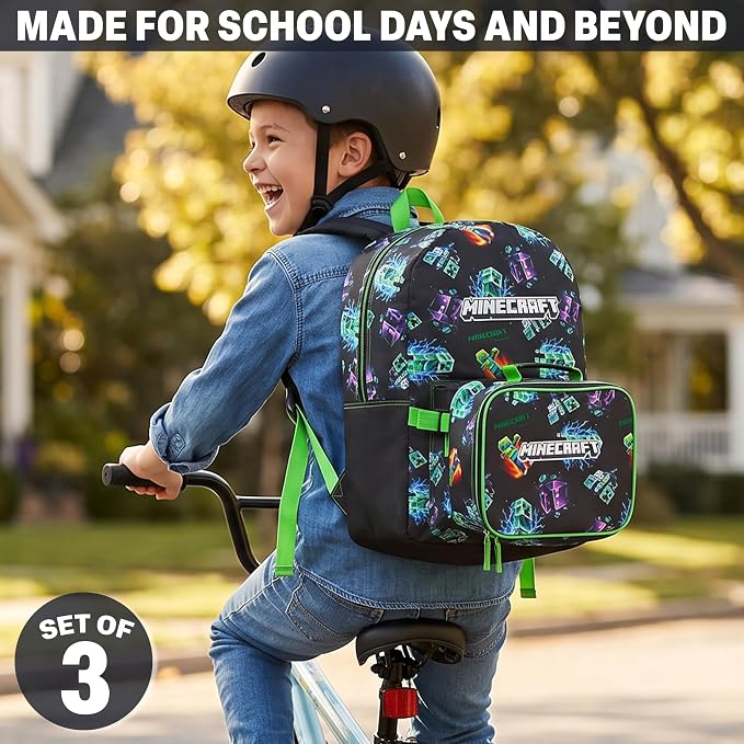 Get Trend Minecraft Kids Backpack Set for Boys with Insulated Lunch Bag & Pencil Case, 3 Pc Book Bag with Padded Straps for School, Travel, Creeper Gamer Gifts for Boys (Multi Creeper) - Image 5