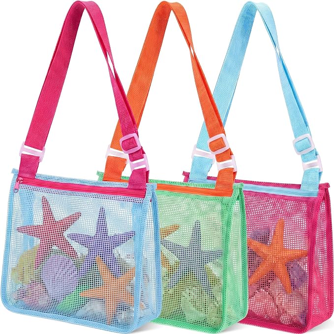 Frienda 3 Pcs Mesh Beach Bag Beach Seashell Bag Shell Collecting Sand Toy Totes Colorful Swimming Accessories Storage Pouch with Adjustable Carrying Straps for Men and Women (Colors H) by Frienda