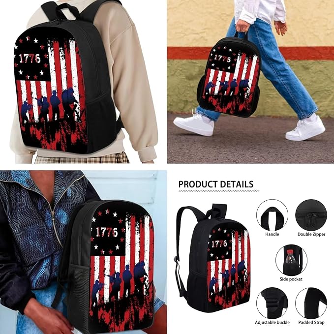 Mumeson 1776 Flag Backpack Kids School Backpack 3 Pack Set Back to School Backpack Set School Supplies Daypack with Lunch Bag Zipper Closure Pencil Case - Image 5