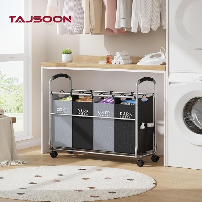 Tajsoon Laundry Sorter 4 Sections, Laundry Separator Hamper with Heavy Duty Lockable Rolling Wheels, Laundry Divider with Removable Bags for Dirty Clothes Storage, Black & Grey - Image 2