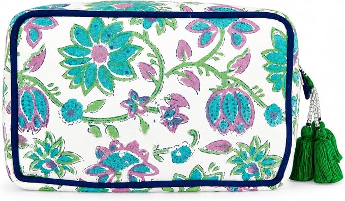 Travel Makeup Bag- Large Capacity Cosmetic Bags for Women - Water Resistance Lining Portable Pouch & Open Toiletry Bag - Perfect Girls Makeup Organizer for Travel Essentials (White & Green Floral) by Huar