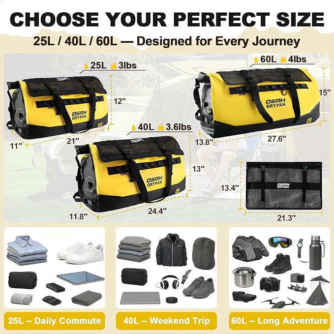 OSAH DRYPAK Waterproof Duffel Bag 25L/40L/60L – Heavy-Duty Motorcycle Tail Bag, Roll-Top Dry Bag for Travel, Camping, Boating, Kayaking, Outdoor Adventure - Image 2