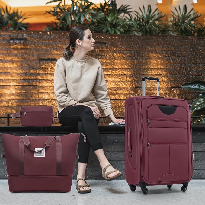 Merax Softside Luggage Set, Travel Suitcase Expandable Lightweight 3 Piece | Luggage Sets with Duffel Bag 22" 26" 30" Suitcase with TSA Lock Spinner Wheels,Red - Image 2