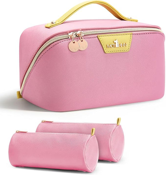 Travel Makeup Bag for Women: 3-in-1 Large Capacity Cosmetics Organizer with 2 Detachable Pouch - Vegan Leather Flat Open Toiletry Bag - Travel Essentials for Full-Sized Bottles(02-Pink) by Unknown