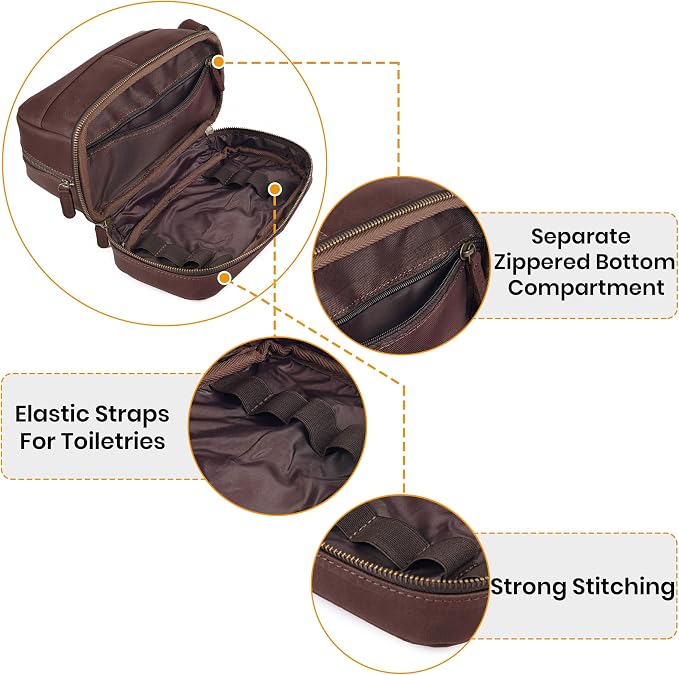 LEATHER VILLAGE Leather Toiletry Travel Bag with Waterproof Lining, Large Capacity Vintage Dopp Kit, 180° Wide Open Shaving & Cosmetic Organizer for Men & Women - Cherry - Image 7