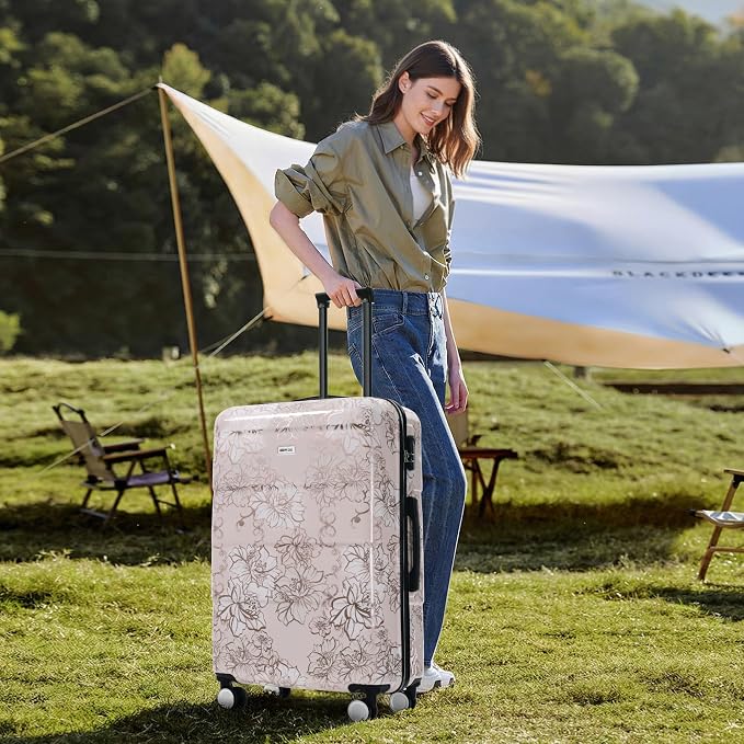 Merax Luggage Set,5 Piece Luggage with Handbag and Cosmetic Case | Hardside Printing Suitcase with Wheels,Carry on Luggage Airline Approved(Pink Flower,8/14/20/24/28) - Image 8