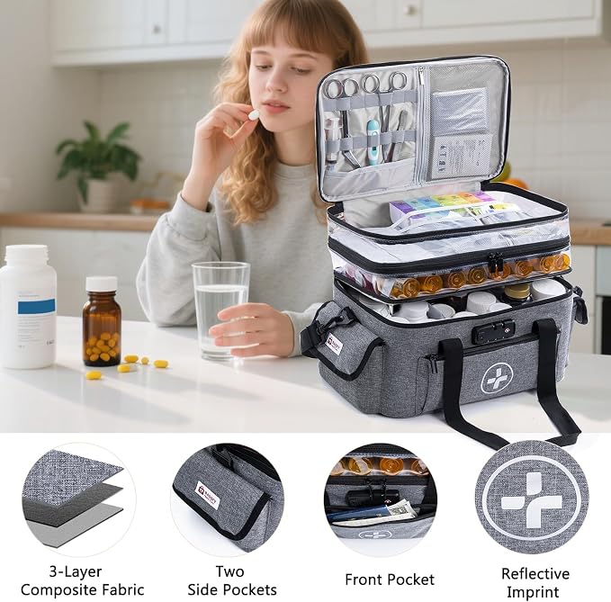 BAGSFY 3-Tier Medicine Organizer with Combination Lock – Large Medicine Bag, Empty First Aid Kit Case, Pill Bottle Medical Supply Organizer, Travel Prescription Bag, Medication Storage Container - Image 6