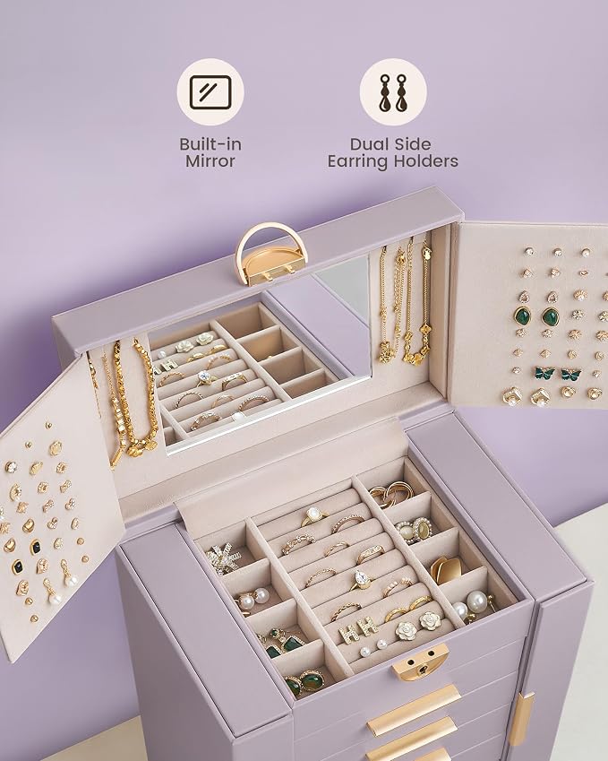 Lolalet Large Jewelry Box Organizer for Women, 6-Layer Jewelry Organizers and Storage Case with Mirror & 5 Drawers, Lockable Watch Ring Earring Bracelet Necklace Holder Girls Gift -6Layer, HazePurple - Image 9