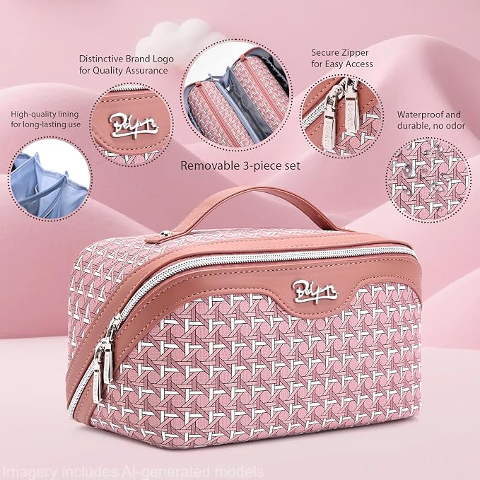 BOYATU Travel Makeup Bag Cosmetic Bags for Women: Large Capacity 3 Pcs Set Make up Bag with Compartments - Waterproof Vegan Leather Toiletry Organizer Bags with Handle (M-79Pink) - Image 3