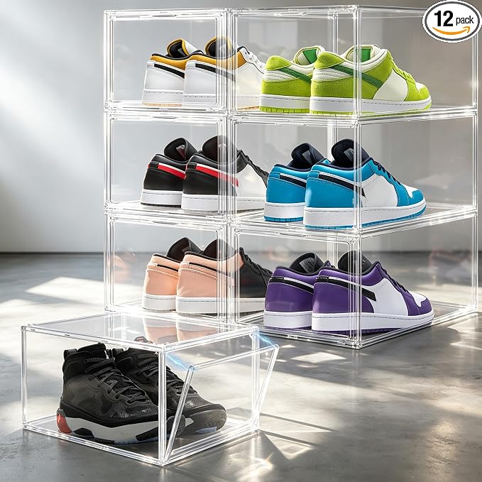 12 Pack Deep Clear PET Sneaker Boxes for Sneakers & High Tops,Fit Size 13 | 10.6 x 14.2 x 9.1 in deep narrow-front boxes for sneakers, athletic shoes and many high-top styles. Space saving storage by EDSFAM