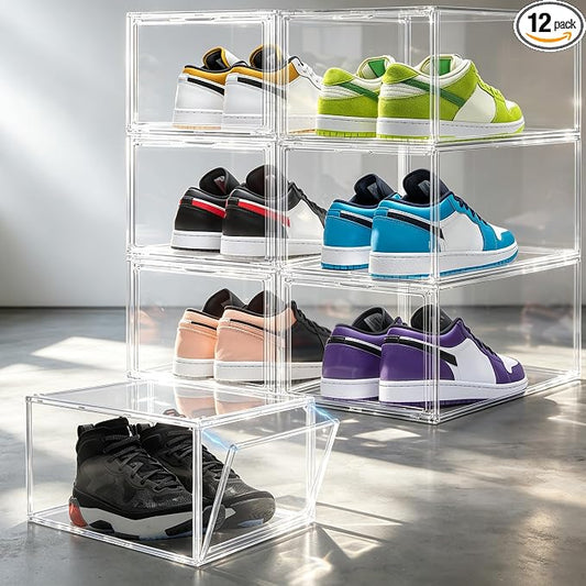 12 Pack Deep Clear PET Sneaker Boxes for Sneakers & High Tops,Fit Size 13 | 10.6 x 14.2 x 9.1 in deep narrow-front boxes for sneakers, athletic shoes and many high-top styles. Space saving storage by EDSFAM