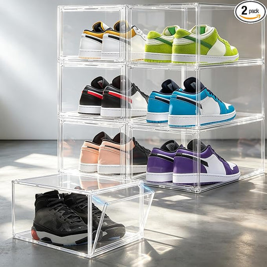 2 Pack Deep Clear PET Sneaker Boxes for Sneakers & High Tops,Fit Size 13 | 10.6 x 14.2 x 9.1 in deep narrow-front boxes for sneakers, athletic shoes and many high-top styles. Space saving storage by EDSFAM