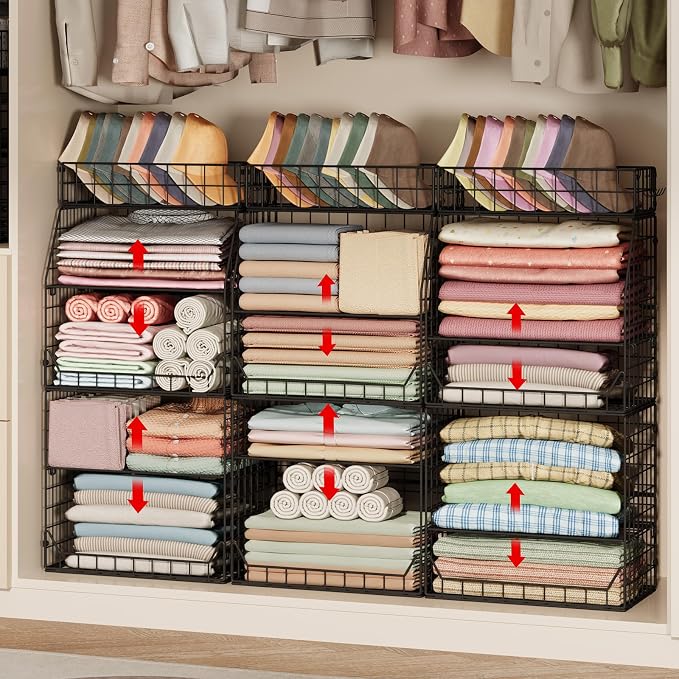Jakyitvi 5-Tier Stackable Closet Organizers and Storage with Small Basket for Hats,Closet Storage Basket with Adjustable Dividers and 4 hooks,Clothes Shelf Bins for Closet Organizer System,Black - Image 4