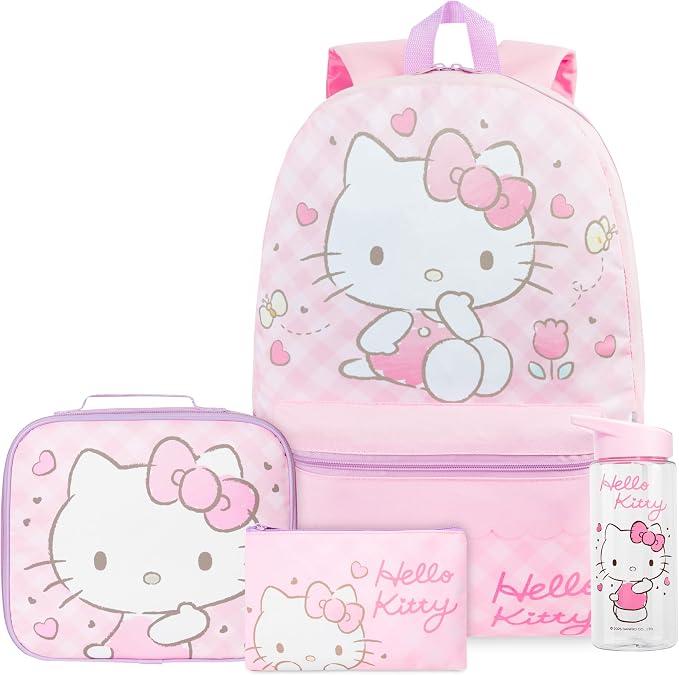 Get Trend Hello Kitty Girls Backpack, Lunch Bag, Pencil Case, Water Bottle | Sanrio 4 Pc Set, 18in Bookbag, Insulated Lunch Bag, Pencil Pouch & 16.9 fl oz BPA-Free Water Bottle, School, Gifts for Girls by GetTrend