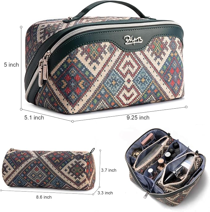 BOYATU Travel Makeup Bag Organizer: Boho Large Capacity Cosmetic Bag Sets | 3Pcs Waterproof Leather Toiletry Bags | 180°Open Flat Make up Case with Compartments | Western Travel Essentials for Women - Image 3