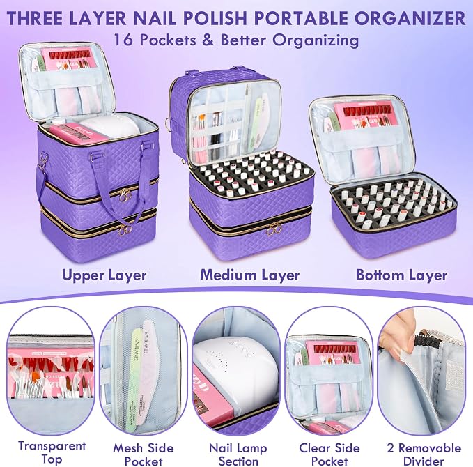 Nail Polish Organizer Bag Hold 84 Bottles(15ml/0.5 fl.oz), 3 Layers Nail Kit Supplies Organizer Bag Travel, Nail Organizers and Storage Case with Holder & Shoulder Strap, Purple - Image 2