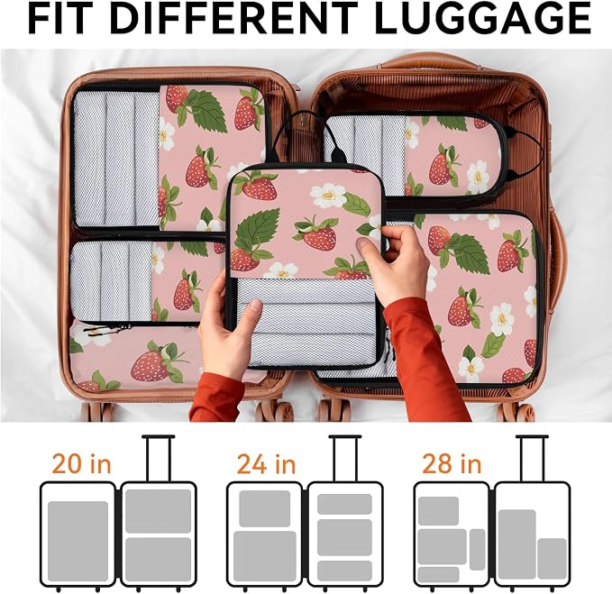Floral Strawberry 6 Set Compression Packing Cubes for Travel Luggage Carry On Suitcase Compressible Expandable Packing Cubes Organizers Bag - Image 7