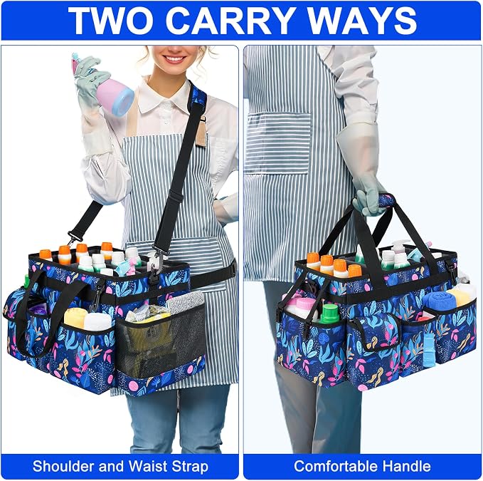 Cleaning Organizer, Large Caddy Bag for Supplies, Housekeeper's Bag with Handle (Blue Leaf) - Image 5