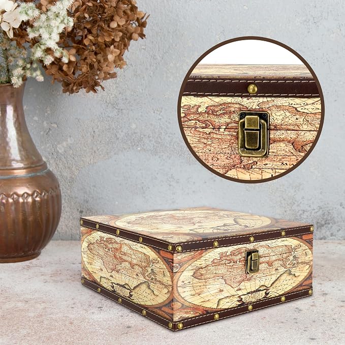 Jolitac Wooden Storage Box Set of 3, Antique-Looking Storage Containers with Secret Compartments Vintage Nesting Keepsake Chests for Jewelry, Cash, Photos Travel-Friendly & Stackable (Map) - Image 8