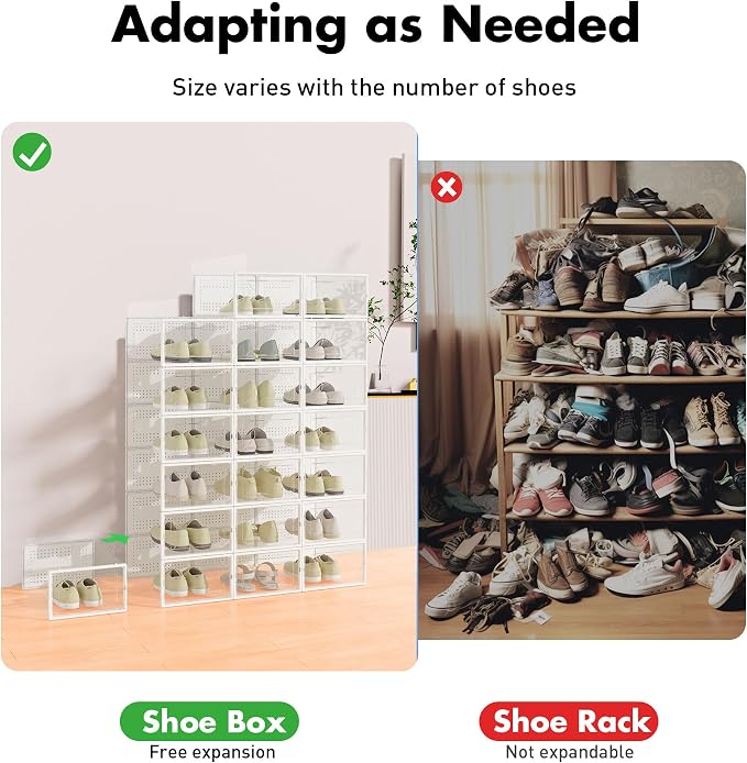 Foluck Shoe Storage Box, 15 Pack Clear Plastic Stackable Organizer for Closet, Interlocking Design Shoes Container Bins for Sneakers, Foldable Shoe Rack with Lids, White - Image 4