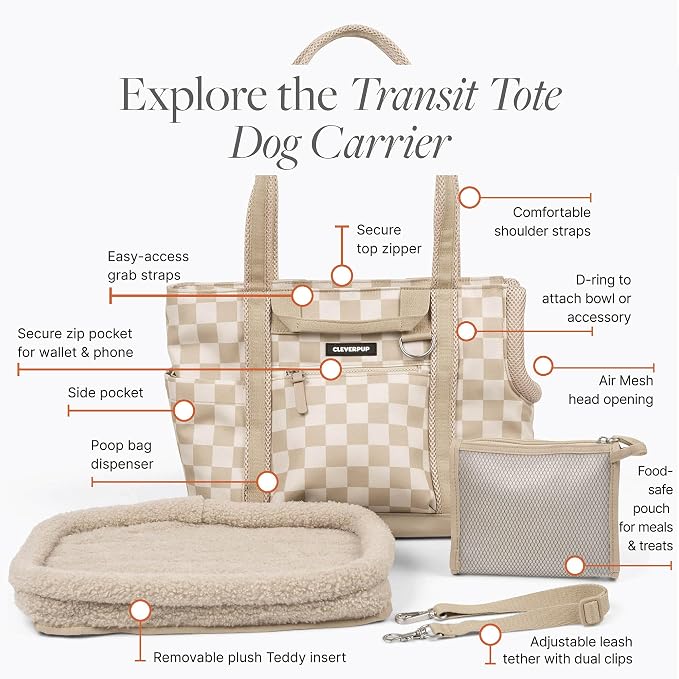 Cleverpup Transit Tote Dog Carrier for Small Dogs Under 8 lbs, 16x11x8 Soft-Sided 4-Pc Set with Waterproof Base, Plush Insert, Food Pouch, Mesh Head Opening - Small, Checkerboard - Image 4