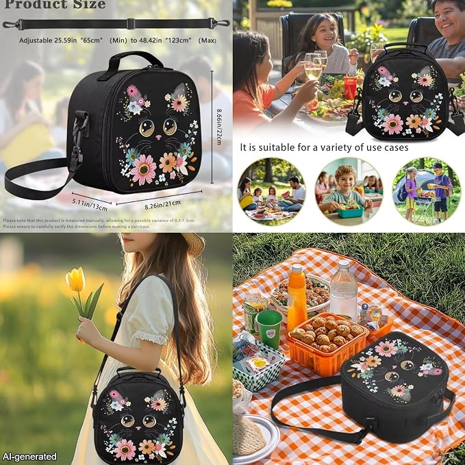 Girls Backpacks Ages 8-10 6-8 Cute Black Cat Floral Backpacks for Boys with Lunch Box 4 Piece School Bag Set 17 inch Kids Bookbag with Adjustable Starps Teens Back Pack Daypack - Image 5