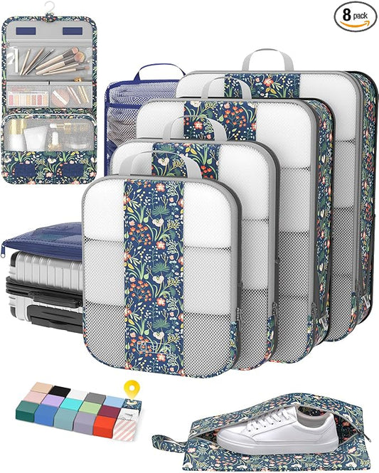 OlarHike 8 Set Compression Packing Cubes for Travel Essentials,Compressible Expandable Space Saver Bags for Organizing Clothes,Luggage Garment Bags with Over 1000 pcs Mesh Holes(Dark Blue Floral) by OlarHike
